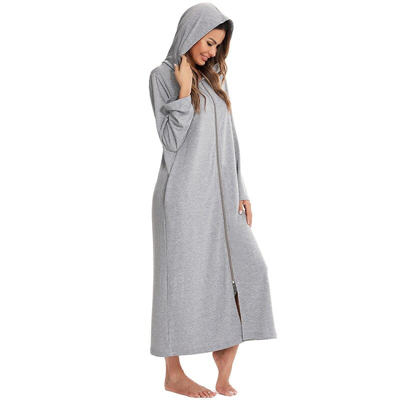 Badjas met Capuchon en Rits Fleece Ochtendjas met Zakken Dames Lange Mouwen Homewear Zwangerschap Comfortabel