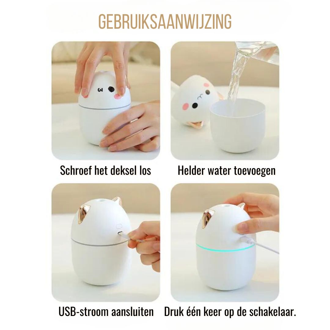 Katten Luchtbevochtiger met LED Nachtlampje - 250ml Bevochtiging voor Slaapkamer Bureau Kinderkamer
