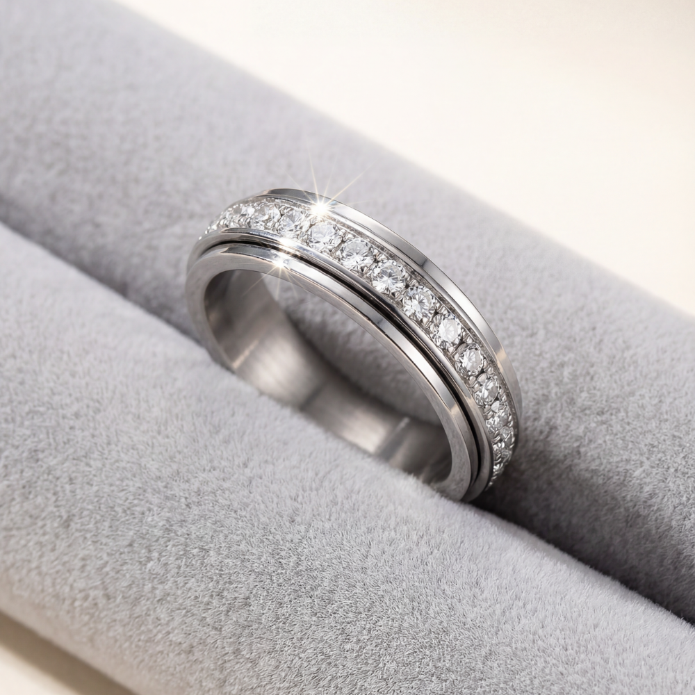 Draaibare Spinner Ring met Zirkonia Steentjes - Titanium Staal - Rustgevend Fidget Sieraad voor Vrouwen en Mannen