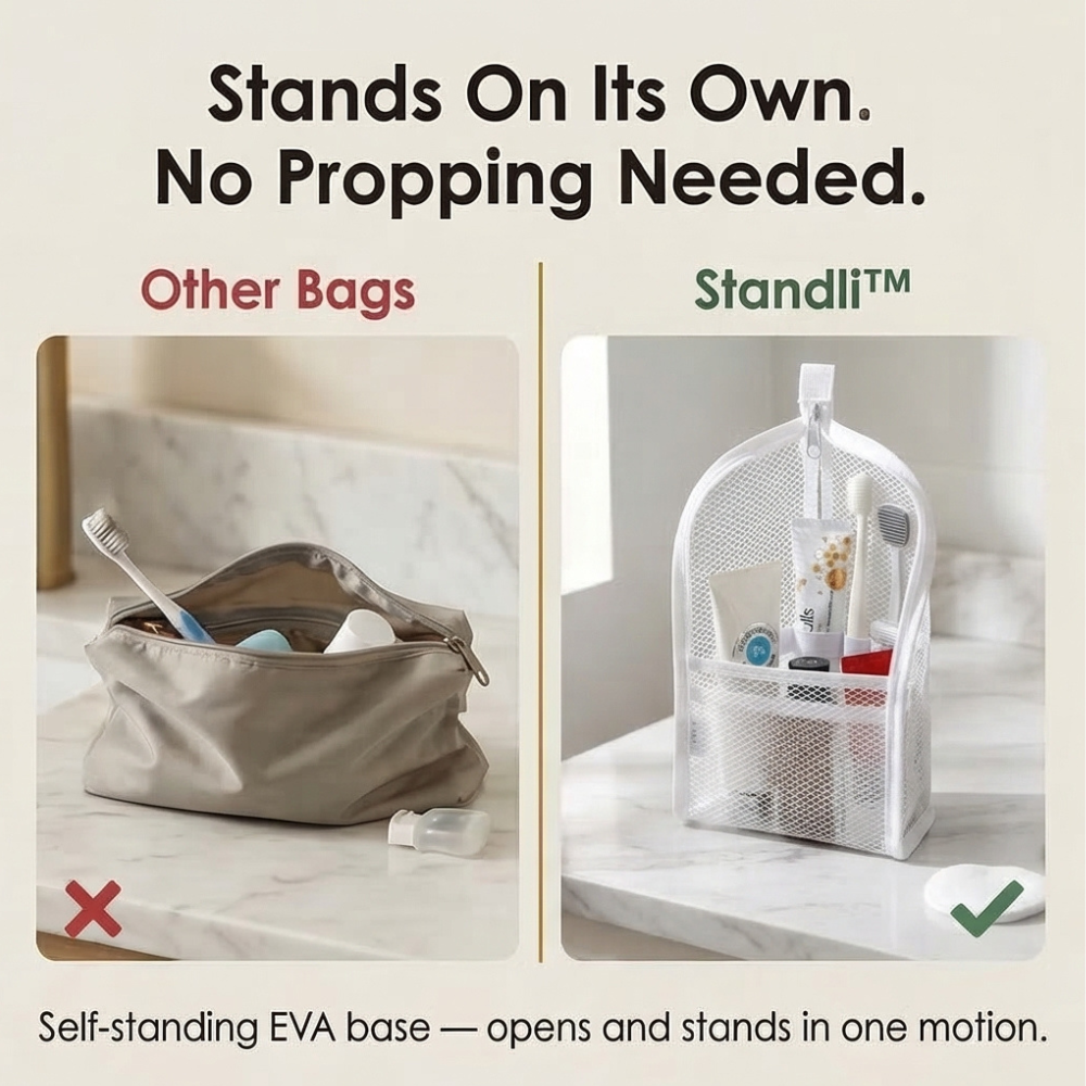Staande Reistoilettas - Zelfstandige Travel Organizer met Verdelers voor Tandenborstel, Tandpasta en Accessoires