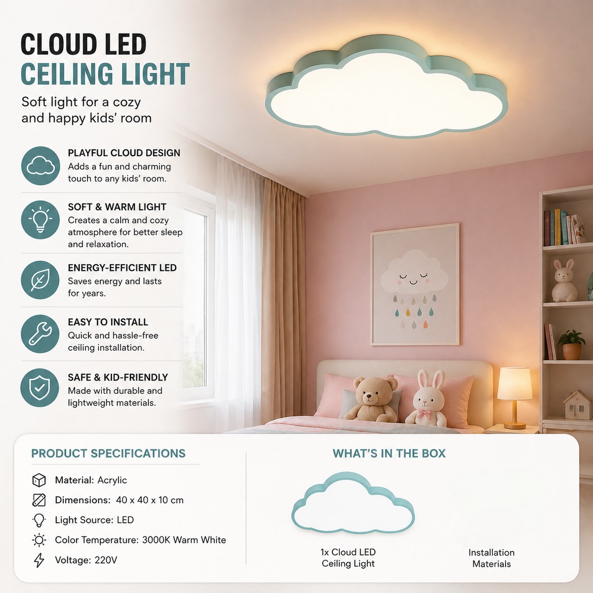 LED Plafondlamp Wolk 40cm Kinderkamer Warm Wit Licht Speels Wolkontwerp Slaapkamer Babykamer Decoratief