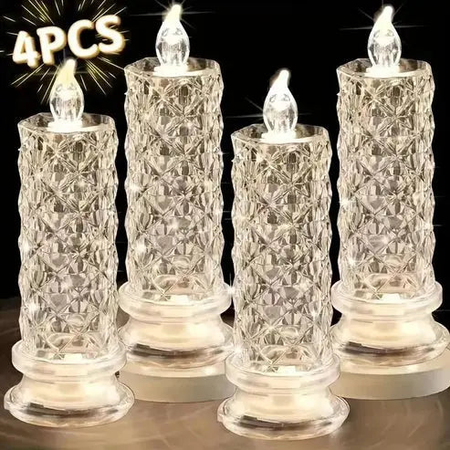 LED Kristalkaars Set 4 Stuks Warmwit Licht Batterij Veilige Nepkaarsen voor Feestdagen en Sfeerverlichting Zonder Vlam Kristalglas Look Tafeldecoratie