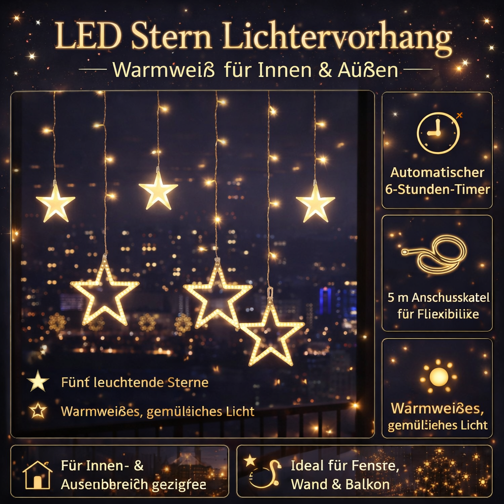 LED Sterrenverlichting Gordijn Warm Wit - 5 Verlichte Sterren met Timerfunctie voor Binnen en Buiten