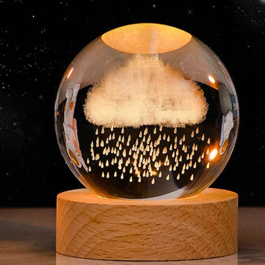 Glazen Bol met LED Verlichting 7cm Kosmos Ontwerp Decoratieve Nachtlamp Houten Standaard USB Sfeerlamp