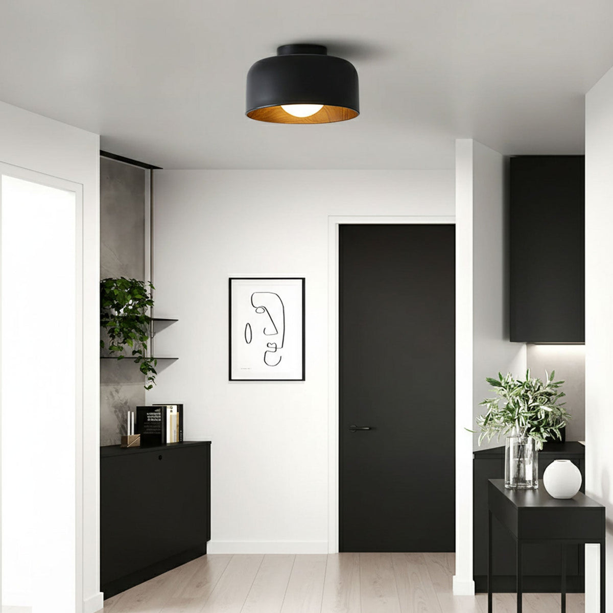 Ronde Plafondlamp met Houtnerf Interieur Glazen Bol ∅22 cm voor Hal Keuken Slaapkamer Wandmontage G9 Fitting