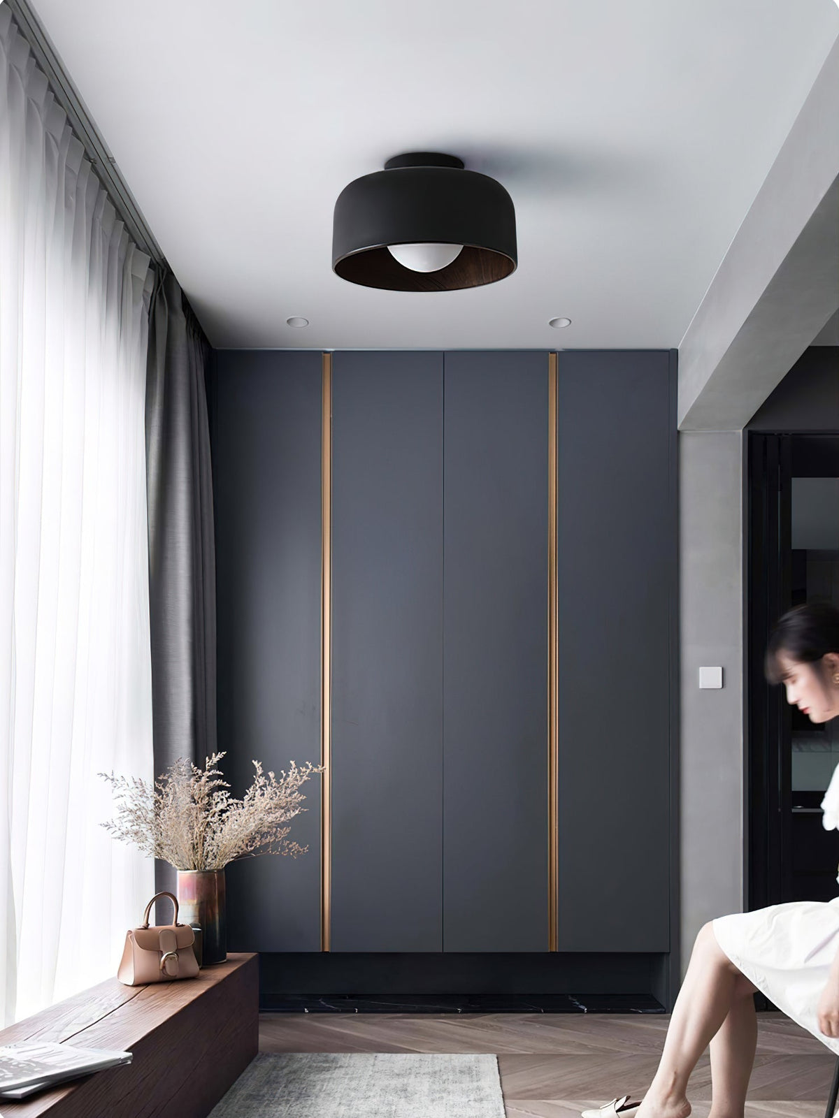Ronde Plafondlamp met Houtnerf Interieur Glazen Bol ∅22 cm voor Hal Keuken Slaapkamer Wandmontage G9 Fitting