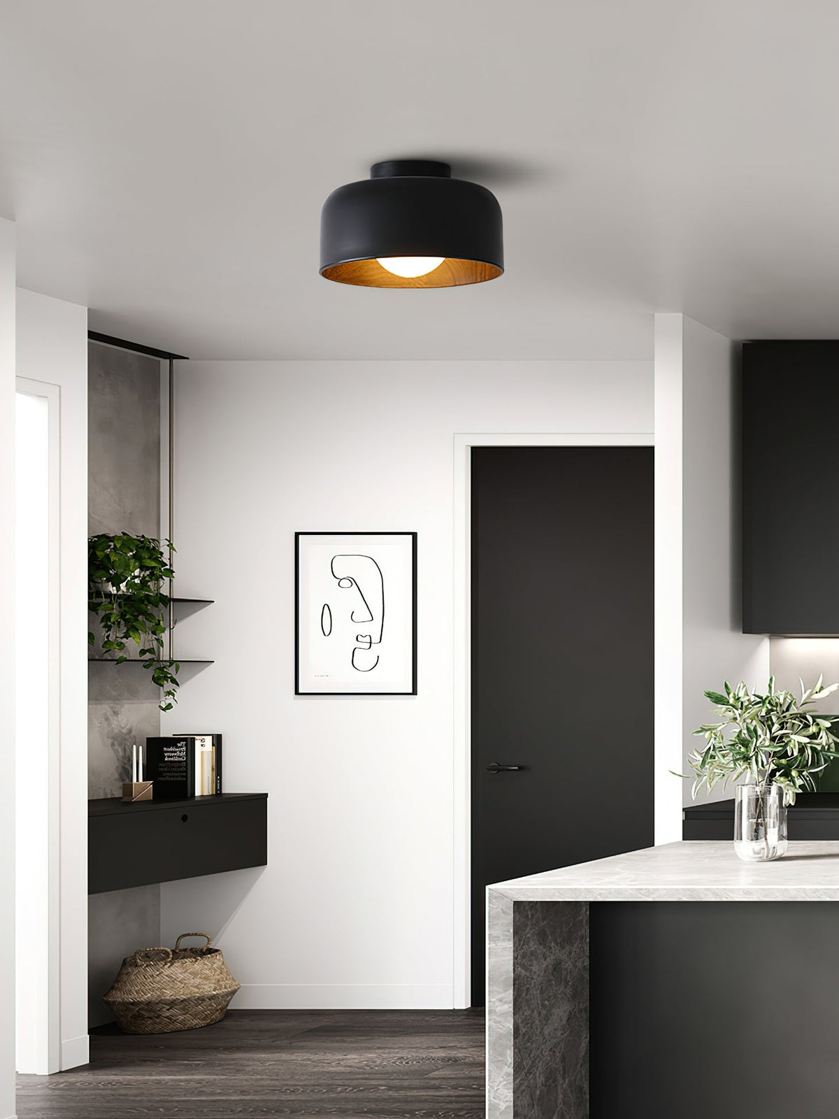 Ronde Plafondlamp met Houtnerf Interieur Glazen Bol ∅22 cm voor Hal Keuken Slaapkamer Wandmontage G9 Fitting