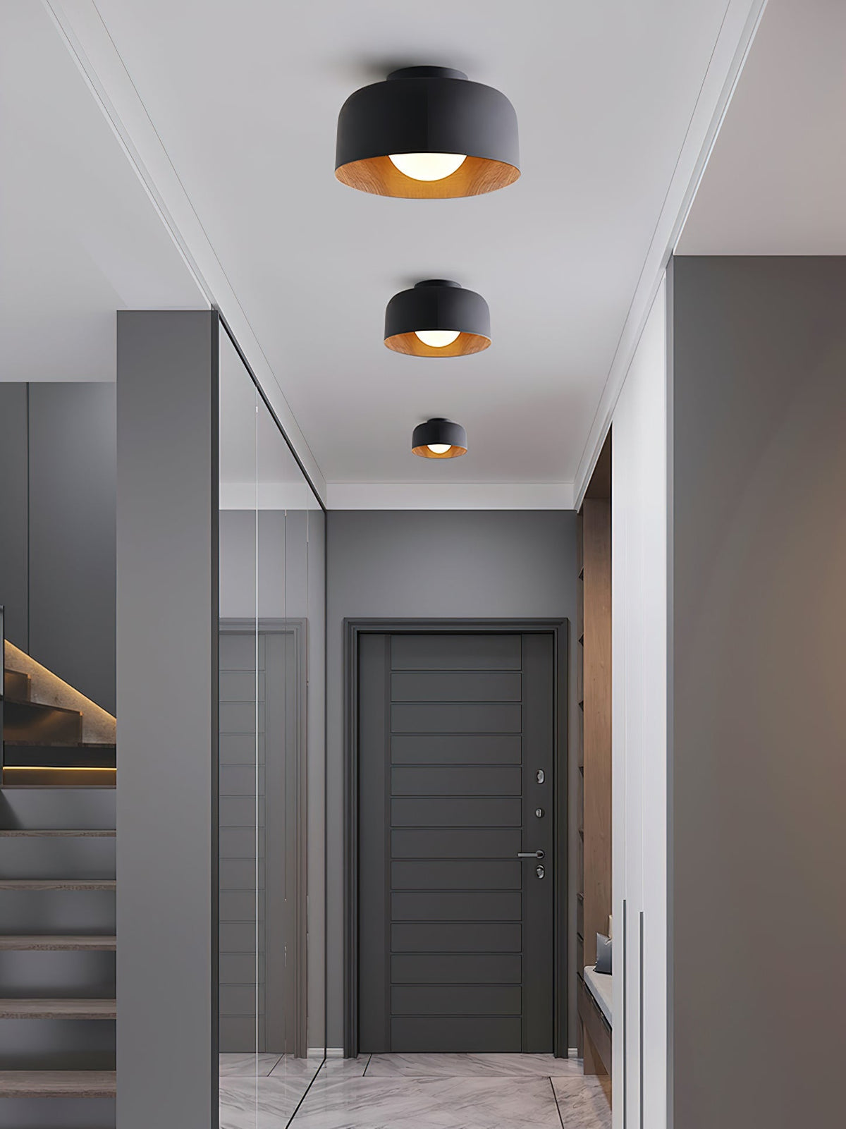 Ronde Plafondlamp met Houtnerf Interieur Glazen Bol ∅22 cm voor Hal Keuken Slaapkamer Wandmontage G9 Fitting