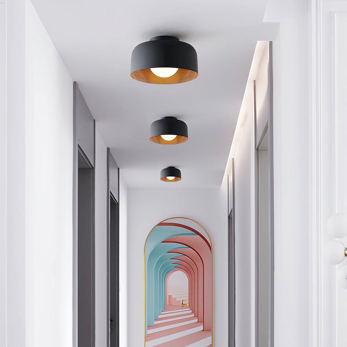 Ronde Plafondlamp met Houtnerf Interieur Glazen Bol ∅22 cm voor Hal Keuken Slaapkamer Wandmontage G9 Fitting