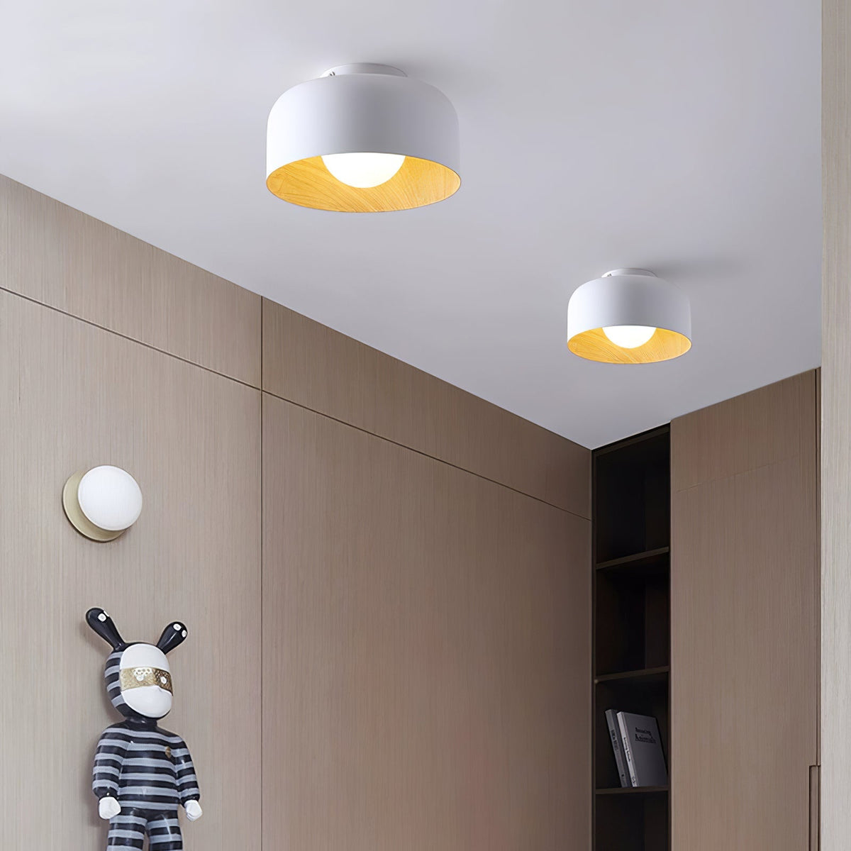 Ronde Plafondlamp met Houtnerf Interieur Glazen Bol ∅22 cm voor Hal Keuken Slaapkamer Wandmontage G9 Fitting