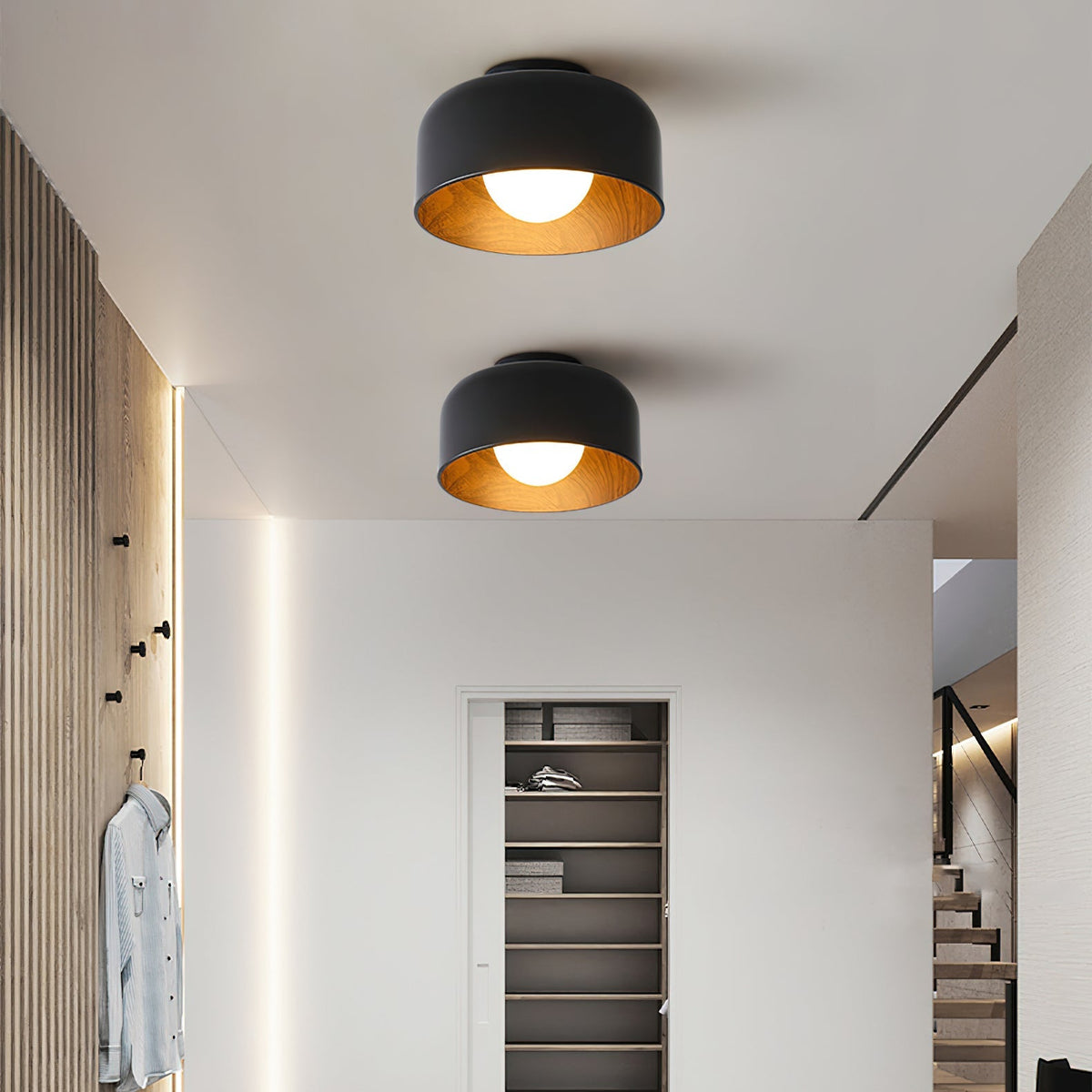 Ronde Plafondlamp met Houtnerf Interieur Glazen Bol ∅22 cm voor Hal Keuken Slaapkamer Wandmontage G9 Fitting
