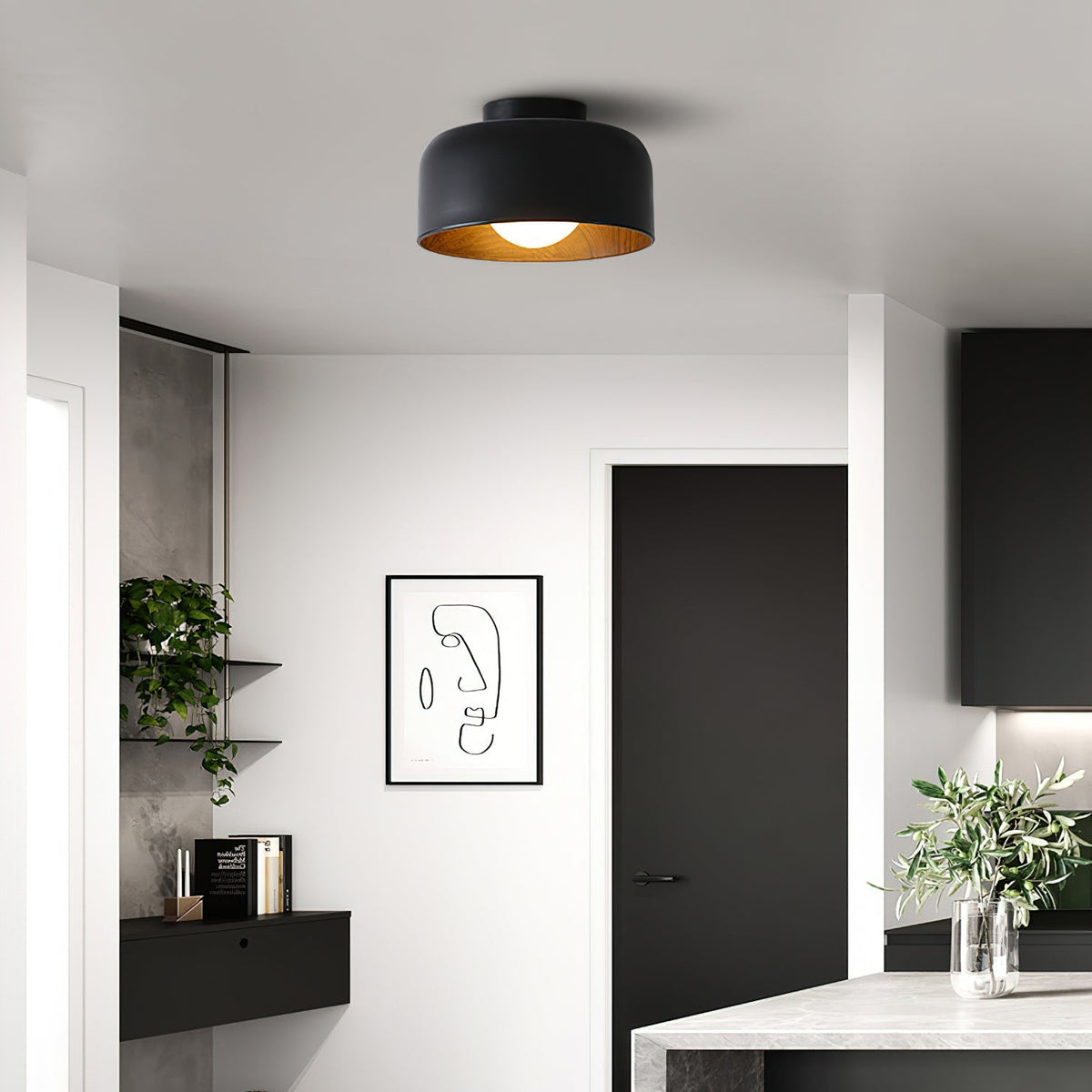 Ronde Plafondlamp met Houtnerf Interieur Glazen Bol ∅22 cm voor Hal Keuken Slaapkamer Wandmontage G9 Fitting