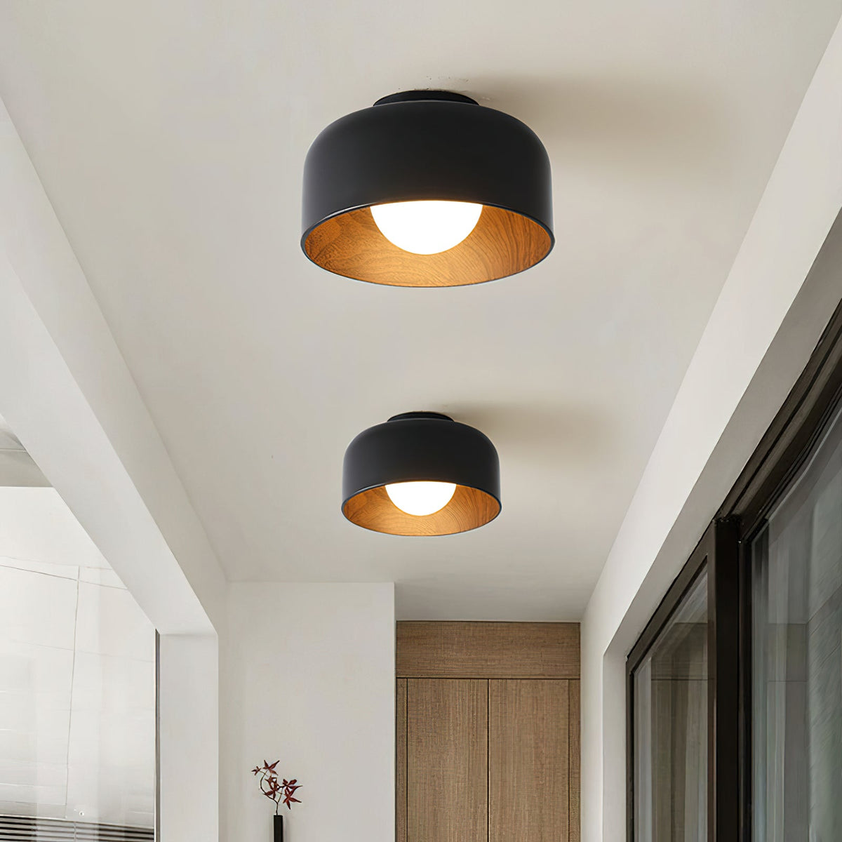 Ronde Plafondlamp met Houtnerf Interieur Glazen Bol ∅22 cm voor Hal Keuken Slaapkamer Wandmontage G9 Fitting