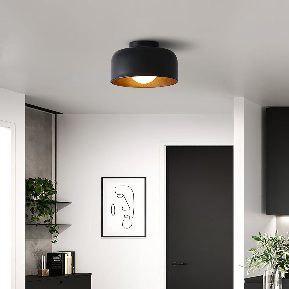 Ronde Plafondlamp met Houtnerf Interieur Glazen Bol ∅22 cm voor Hal Keuken Slaapkamer Wandmontage G9 Fitting