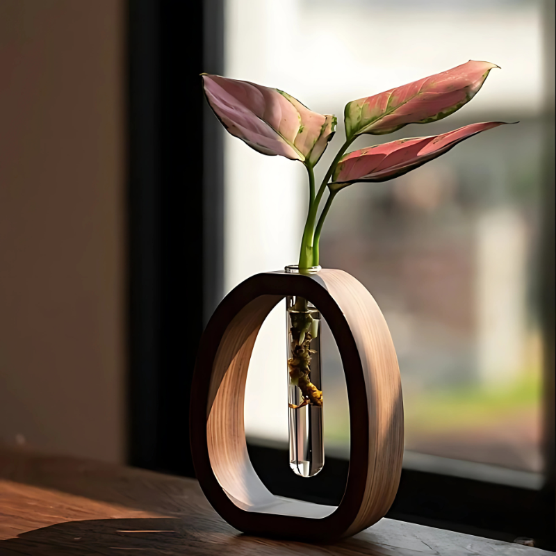 Glazen Vaas met Houten Standaard Hydrocultuur Planthouder Modern Scandinavisch Design Walnoot Decoratief