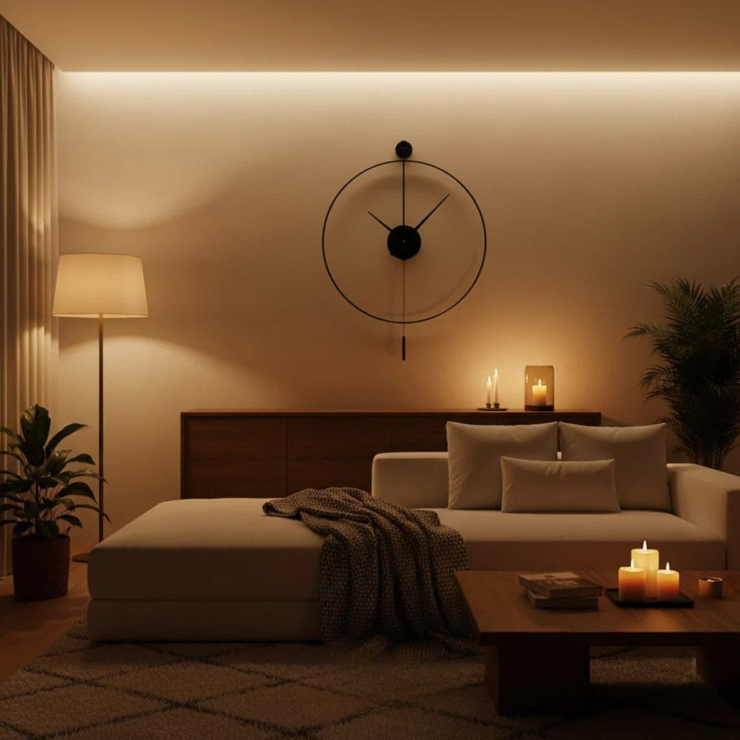 Grote Stille Wandklok met Elegante Pendel 50cm Zwart Metaal Geruisloos Quartz Mechanisme Woonkamer Slaapkamer