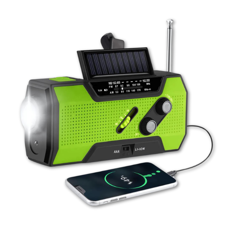 Noodradio All-In-One met Zonnepaneel & Handcrank – AM/FM, Powerbank & Zaklamp