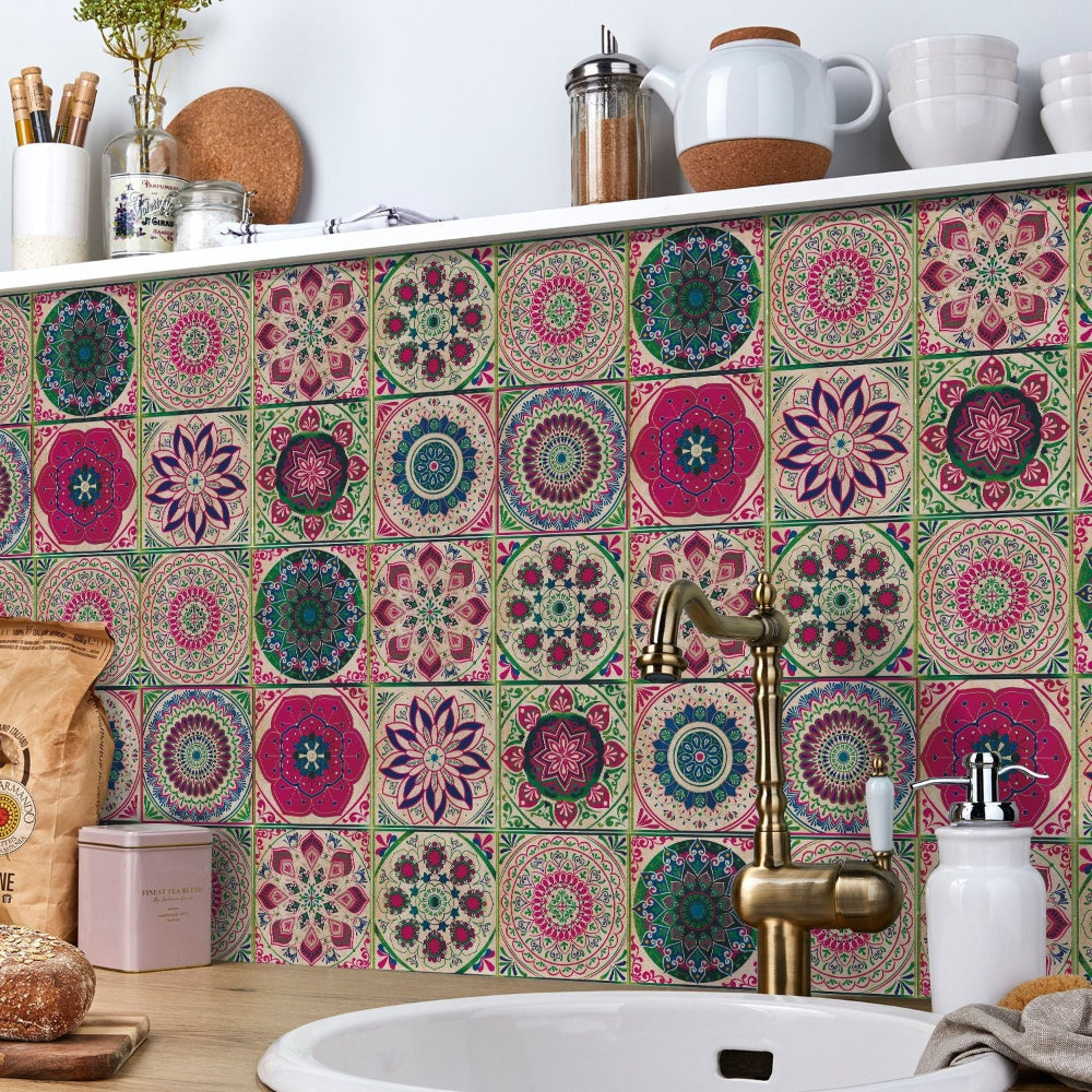 Tegelstickers Badkamer Zelfklevend Portugees Mandala 24 Stuks 10-20 cm Wanddecoratie Kleurrijk