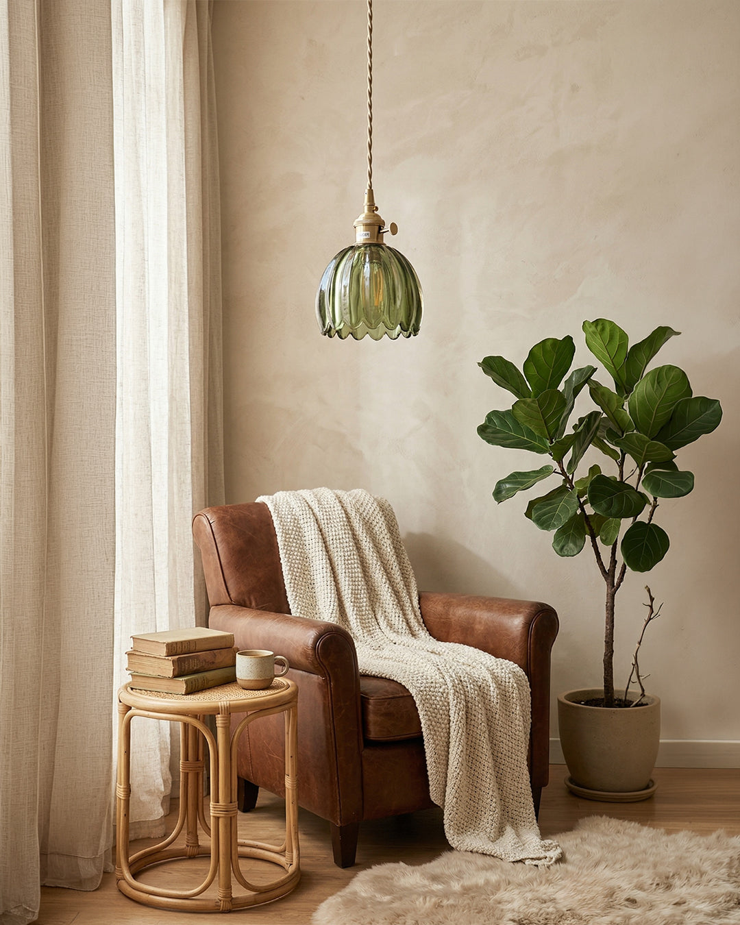 MAREN Hanglamp - Japanse Bloemvormige Glazen Lamp met Zacht Diffuus Licht - Verkrijgbaar in Groen, Transparant, Amber en Rookgrijs - Ø12cm x H18cm