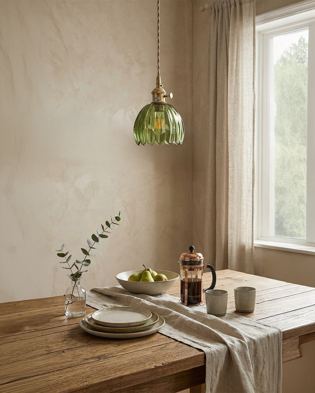 MAREN Hanglamp - Japanse Bloemvormige Glazen Lamp met Zacht Diffuus Licht - Verkrijgbaar in Groen, Transparant, Amber en Rookgrijs - Ø12cm x H18cm