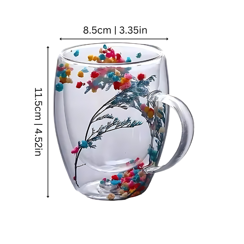Dubbelwandige Cappuccinokop met Droogbloemen 300ml Glas Thermische Isolatie Ergonomische Greep Koffiekop