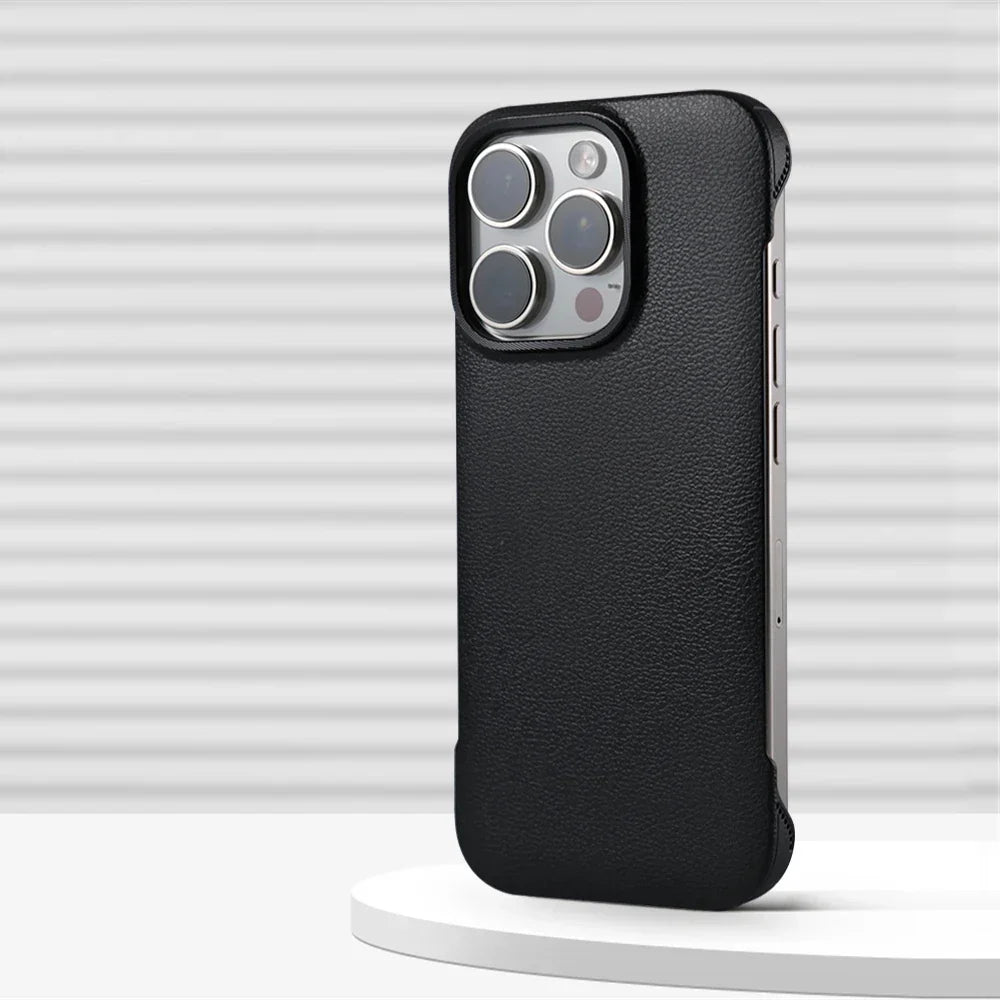 Minimalistische PU Leren Telefoonhoes met Stiksels voor iPhone 13 14 15 16 Pro Max Draadloos Laden Bescherming
