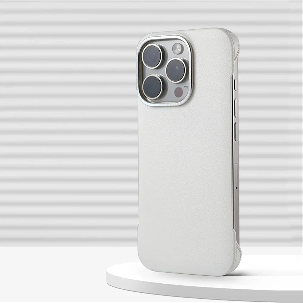 Minimalistische PU Leren Telefoonhoes met Stiksels voor iPhone 13 14 15 16 Pro Max Draadloos Laden Bescherming