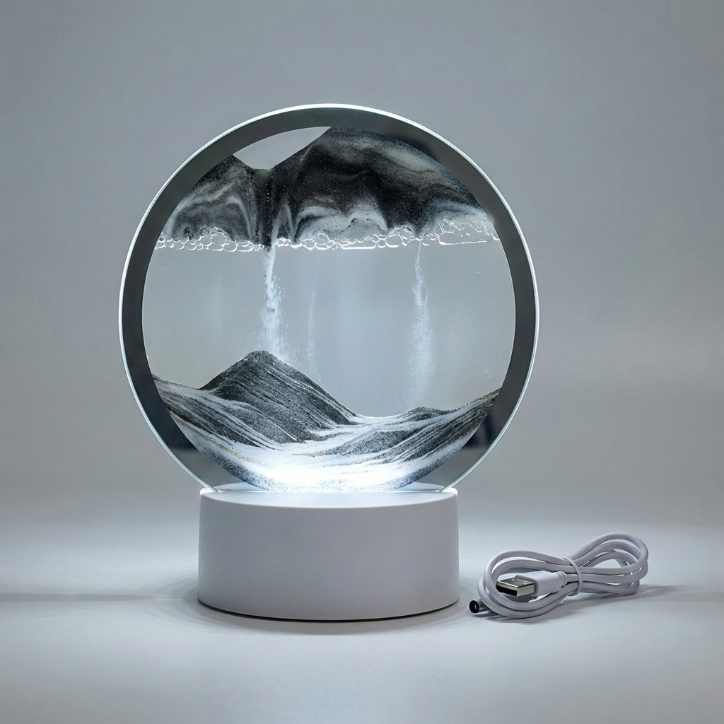 Zandkunst Lamp LED Glas Houten Voet 25x20 cm Sfeerverlichting Woonkamer Slaapkamer Bewegend Zandbeeld Bureau Decoratie Cadeau
