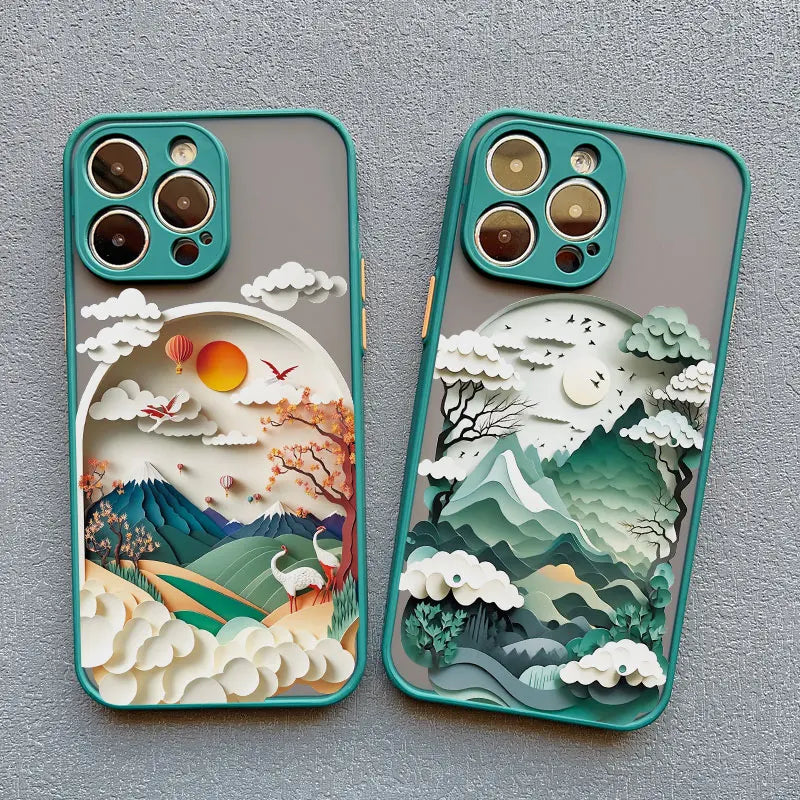 Berglandschap iPhone Hoesje Siliconen met Contrastknoppen Beschermhoes voor iPhone 11 12 13 14 15 16 17 Pro Max