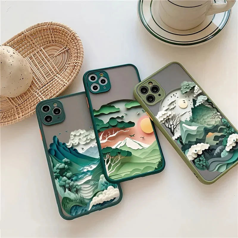 Berglandschap iPhone Hoesje Siliconen met Contrastknoppen Beschermhoes voor iPhone 11 12 13 14 15 16 17 Pro Max