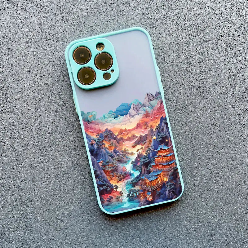 Berglandschap iPhone Hoesje Siliconen met Contrastknoppen Beschermhoes voor iPhone 11 12 13 14 15 16 17 Pro Max
