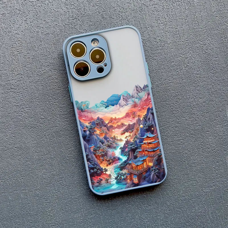 Berglandschap iPhone Hoesje Siliconen met Contrastknoppen Beschermhoes voor iPhone 11 12 13 14 15 16 17 Pro Max