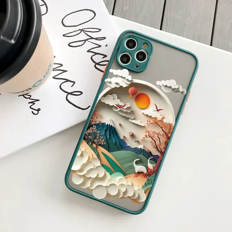 Berglandschap iPhone Hoesje Siliconen met Contrastknoppen Beschermhoes voor iPhone 11 12 13 14 15 16 17 Pro Max