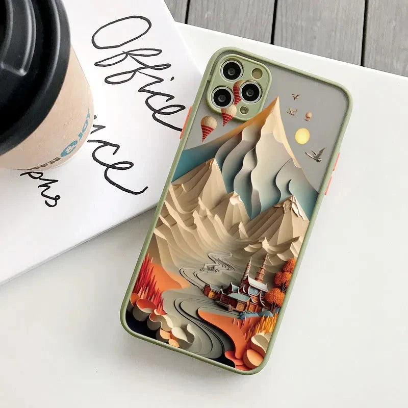 Berglandschap iPhone Hoesje Siliconen met Contrastknoppen Beschermhoes voor iPhone 11 12 13 14 15 16 17 Pro Max