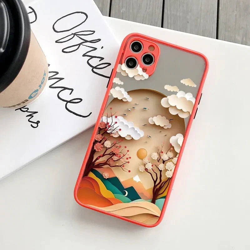 Berglandschap iPhone Hoesje Siliconen met Contrastknoppen Beschermhoes voor iPhone 11 12 13 14 15 16 17 Pro Max