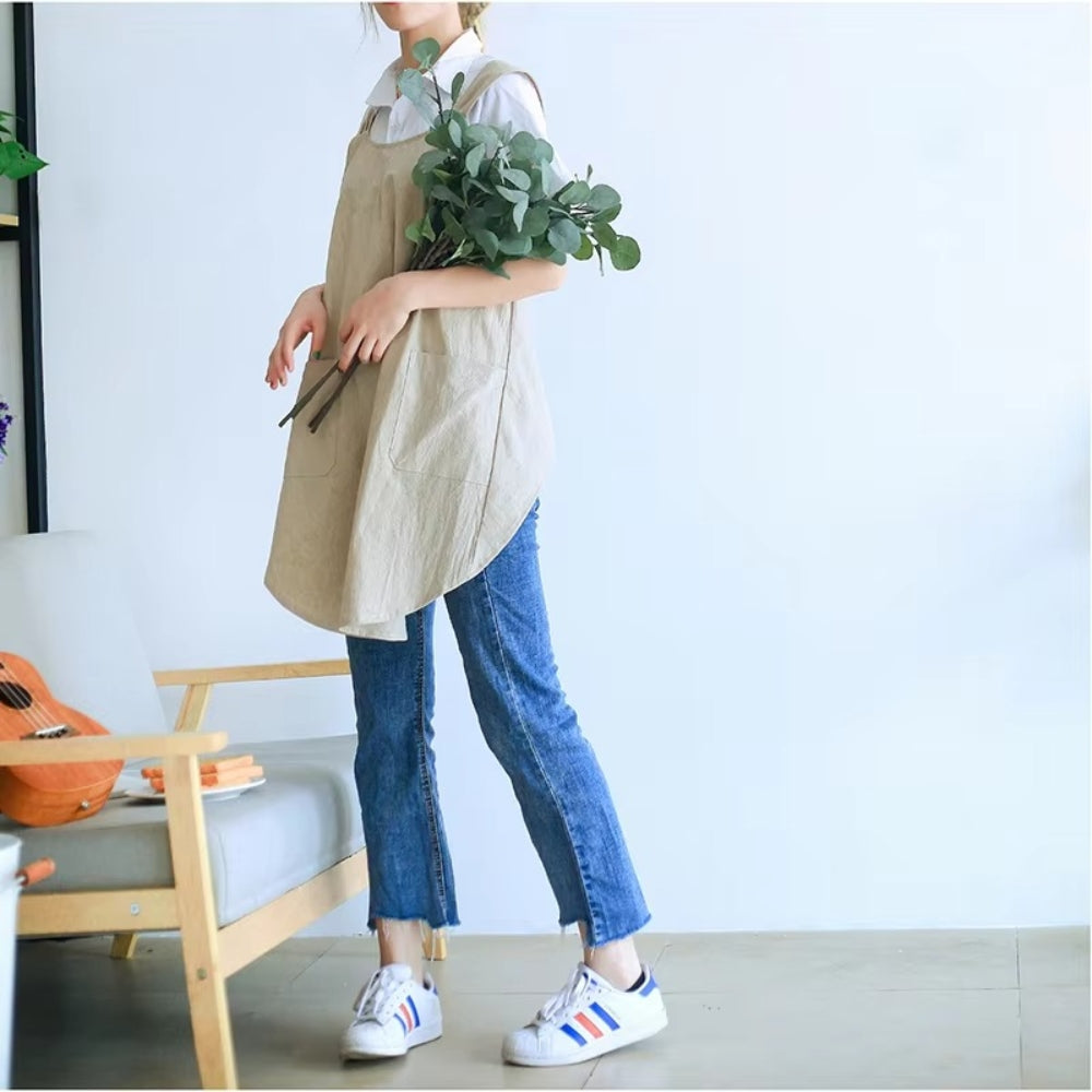 Koreaans geïnspireerd cross-back schort - linnen katoenen keukenschort met kruisbanden en zakken - tuinschort voor koken en bakken