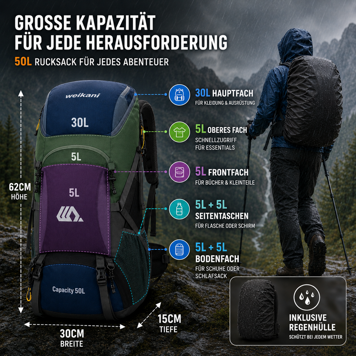 Outdoor Rugzak 50L met Schoenenvak Ademend Rugpaneel Verstelbare Heupgordel Waterdicht Trekking Backpack