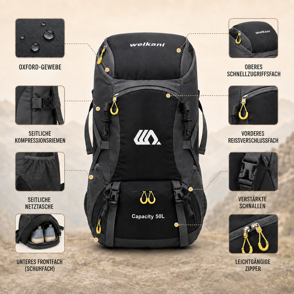 Outdoor Rugzak 50L met Schoenenvak Ademend Rugpaneel Verstelbare Heupgordel Waterdicht Trekking Backpack