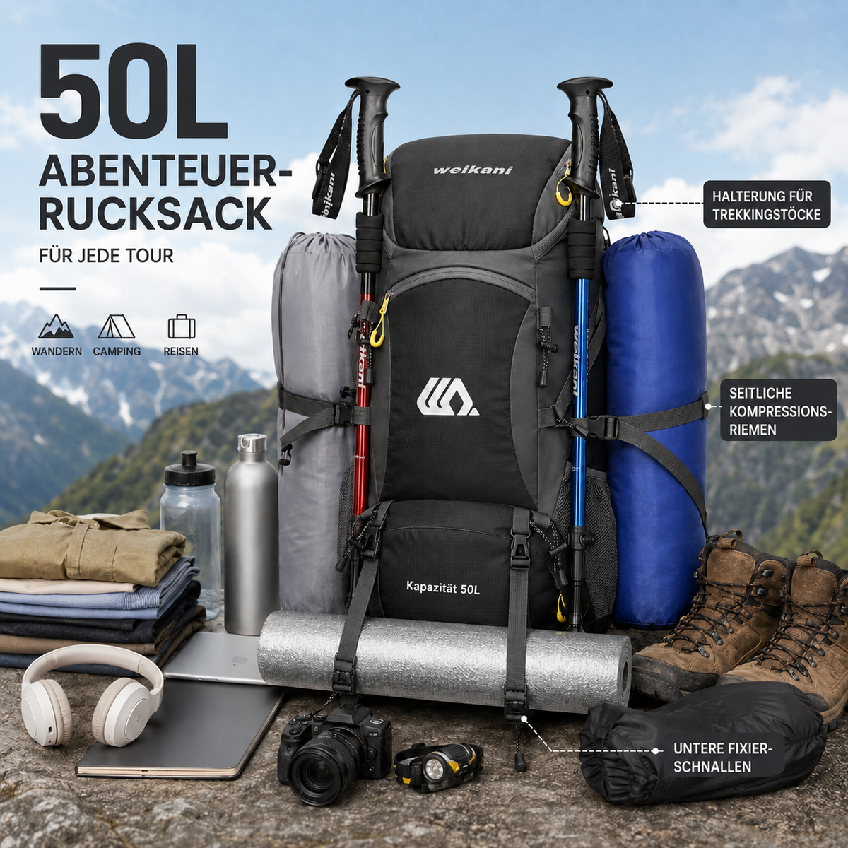Outdoor Rugzak 50L met Schoenenvak Ademend Rugpaneel Verstelbare Heupgordel Waterdicht Trekking Backpack