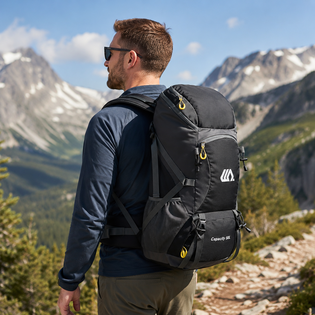Outdoor Rugzak 50L met Schoenenvak Ademend Rugpaneel Verstelbare Heupgordel Waterdicht Trekking Backpack