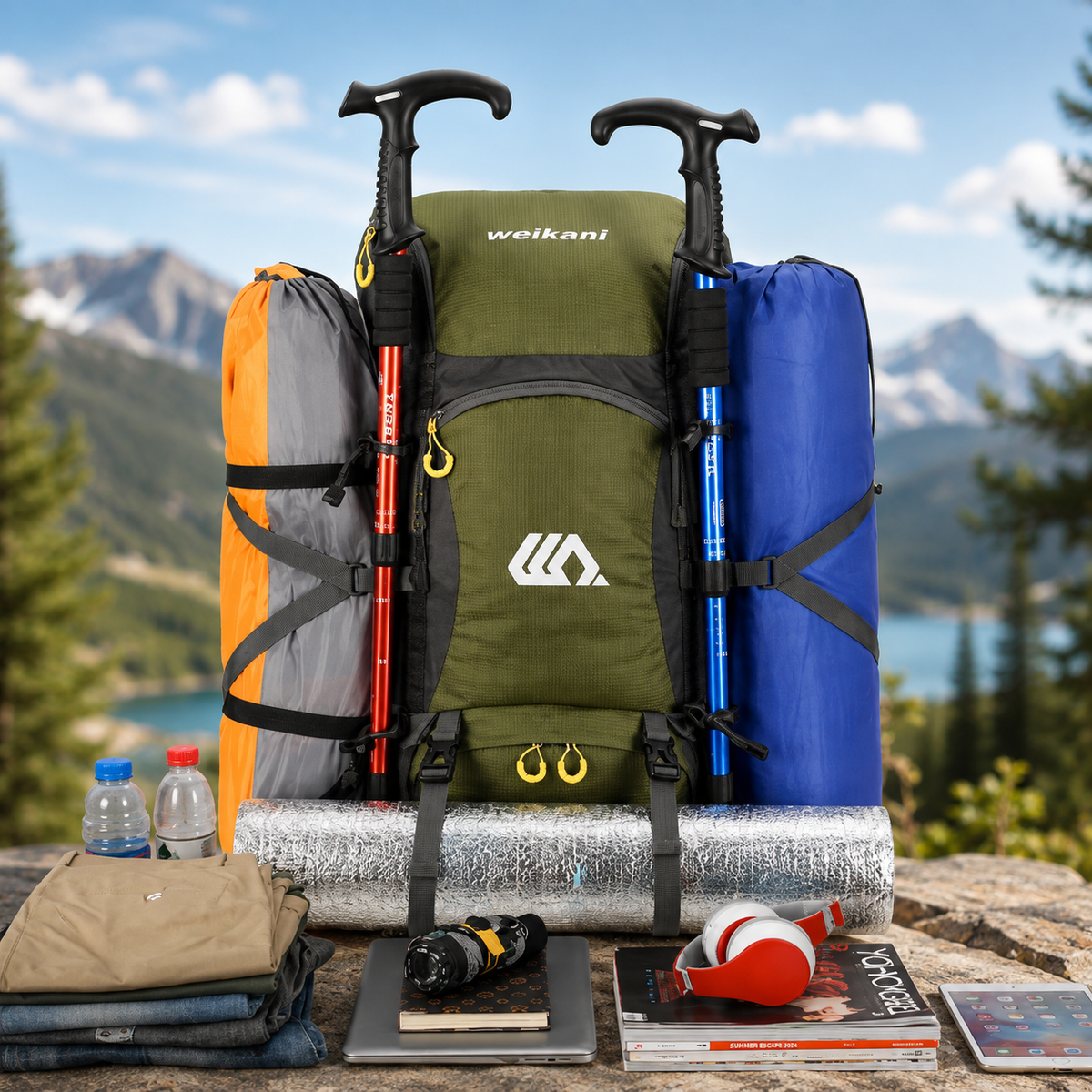 Outdoor Rugzak 50L met Schoenenvak Ademend Rugpaneel Verstelbare Heupgordel Waterdicht Trekking Backpack