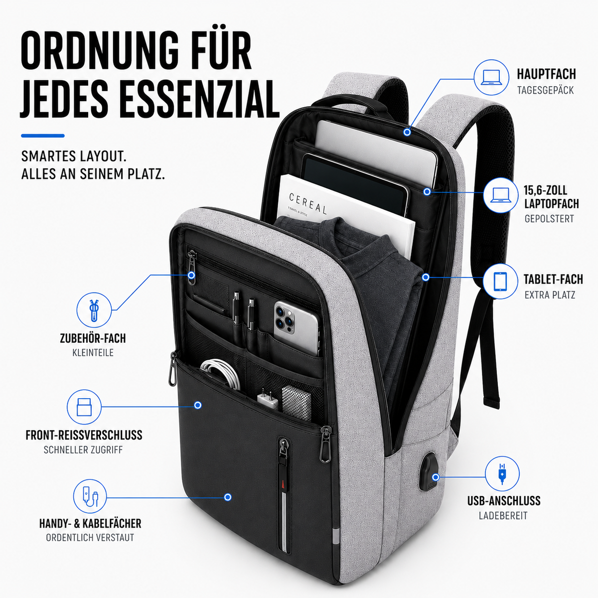 Waterdichte Laptoptas 15,6 Inch met USB Poort Zwart Grijs Blauw Rood Zakelijke Rugzak Studententas Reizen