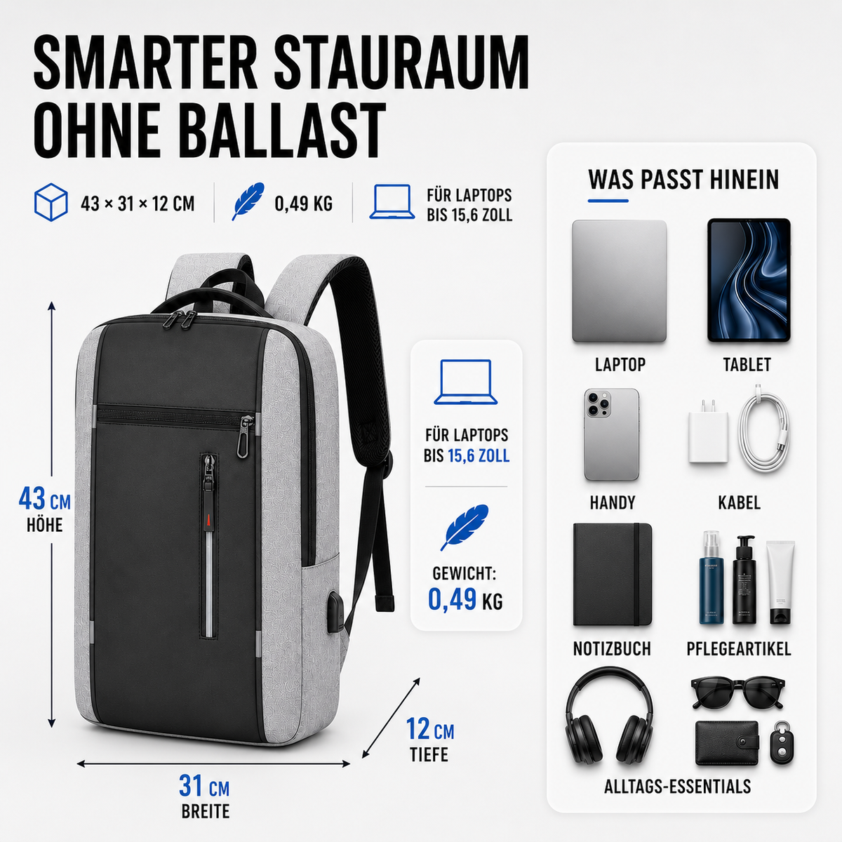 Waterdichte Laptoptas 15,6 Inch met USB Poort Zwart Grijs Blauw Rood Zakelijke Rugzak Studententas Reizen