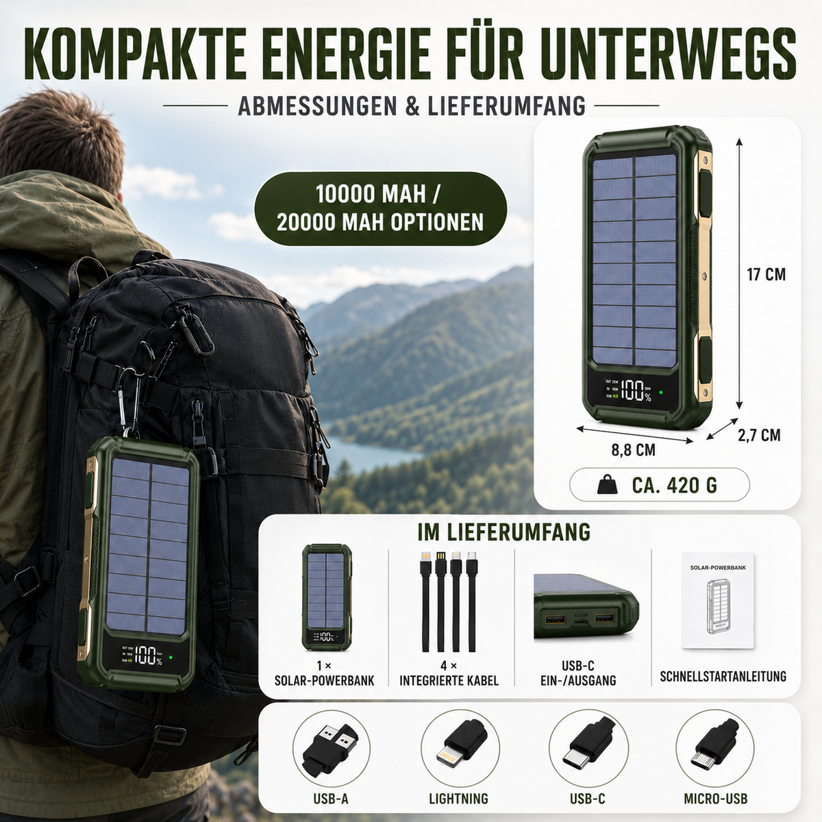 Draagbare Powerbank met Zonnepaneel 10000-20000mAh USB-C Snelladen Wireless Charging Outdoor Camping