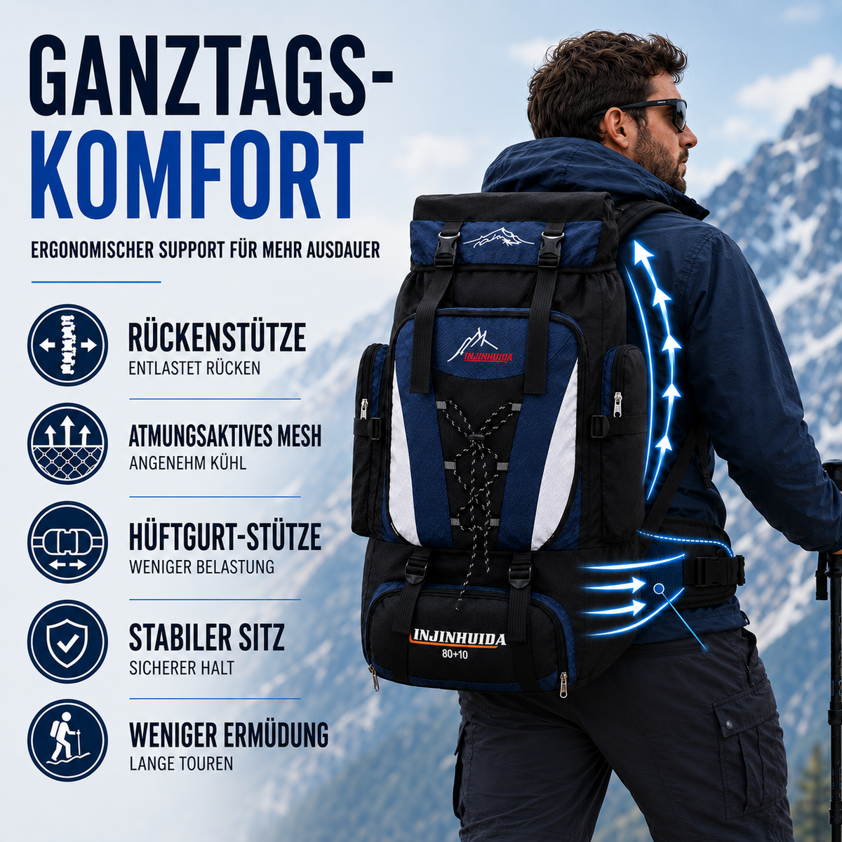 Trekkingtas 80 Liter Waterdicht Nylon Wandelrugzak met Heupgordel Ventilerend Rugpaneel Outdoor Camping