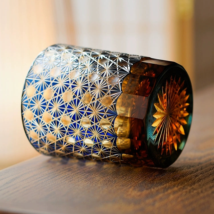 Handgeslepen Whiskeyglazen met Ster en Chrysant Patroon - Blauw Amber & Rood Amber - Inclusief Houten Doos