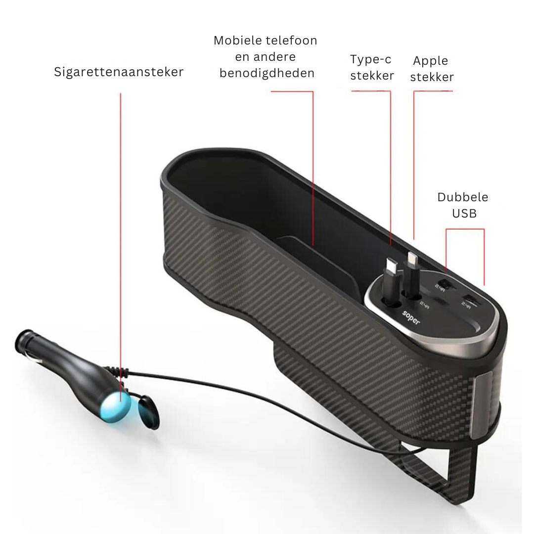 Multifunctionele Auto Organizer met Bekerhouder en Dubbele USB-Oplaadpoorten - Ruimtebesparend Opbergsysteem voor tussen Autostoelen