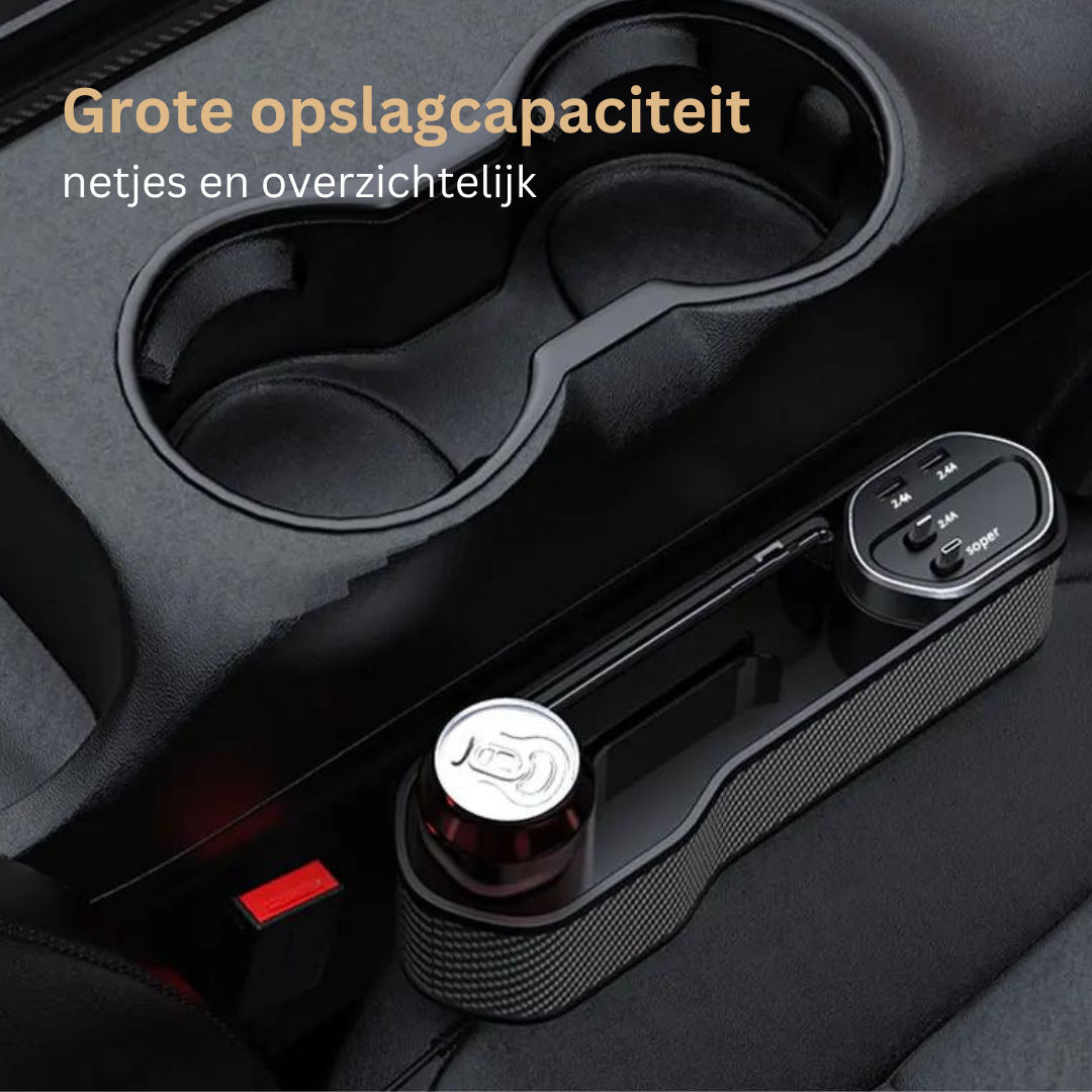 Multifunctionele Auto Organizer met Bekerhouder en Dubbele USB-Oplaadpoorten - Ruimtebesparend Opbergsysteem voor tussen Autostoelen