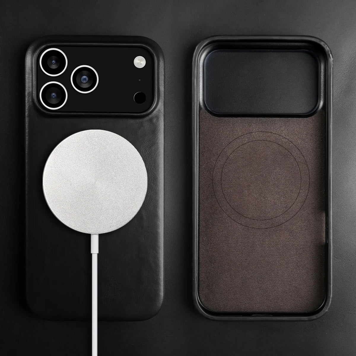 Leren iPhone Hoesje met Magnetische Ring | Draadloos Opladen | MagSafe Compatibel voor iPhone 11-17 Pro Max