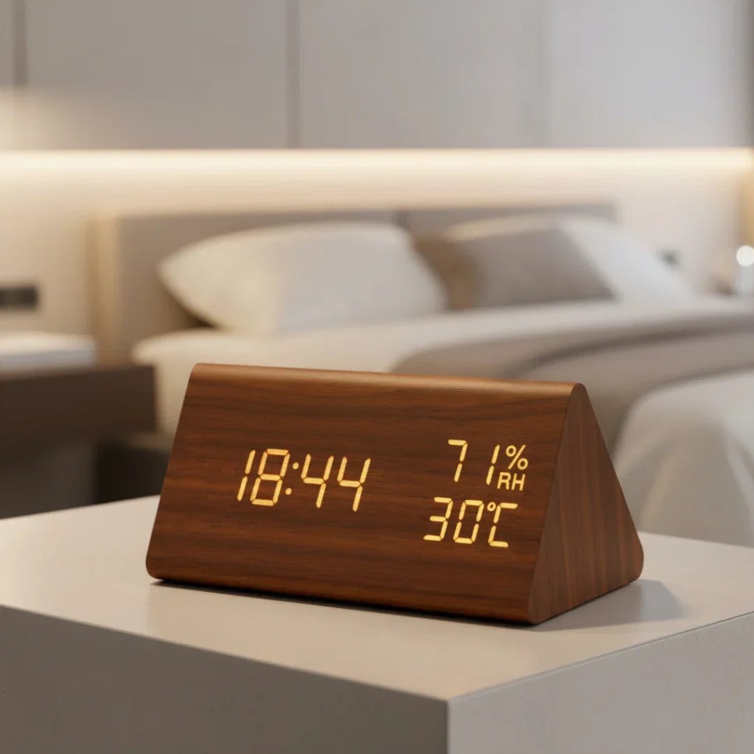 Digitale Wekker Hout LED met Temperatuurmeter Luchtvochtigheid Dimbaar Display Slaapkamer Nachtlampje